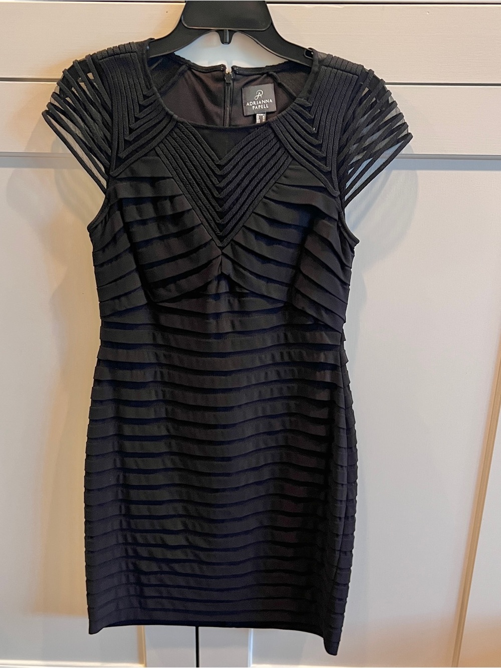 Adrianna Papell Black Textured Stripe Cap-Sleeve Dress-size 6